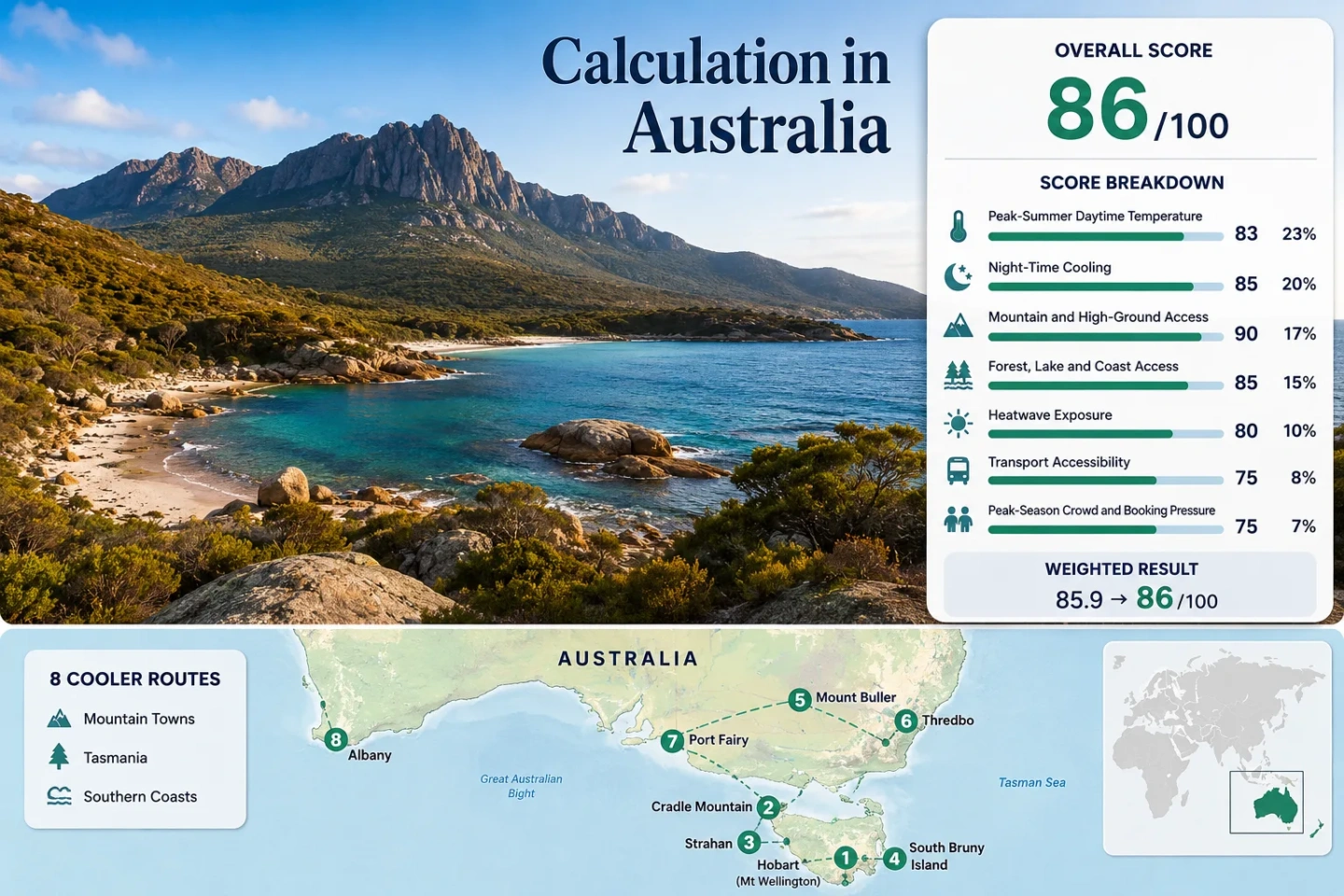 Tasmania offers cool escapes in Australia with stunning mountain towns and southern coast scenic views.