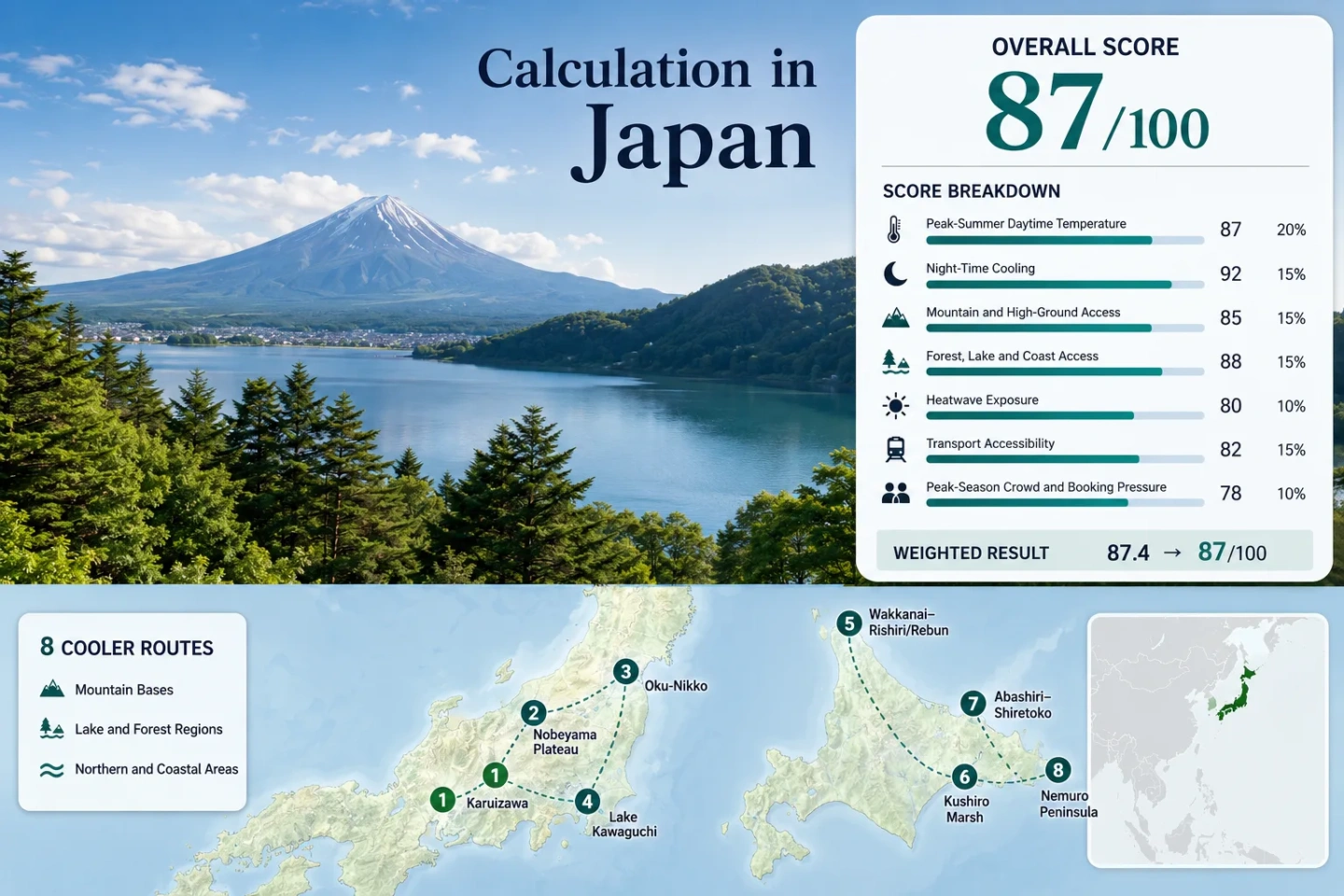 Japan away from summer heat shows mountain towns, northern islands, and forest retreats perfect for cooler escapes.