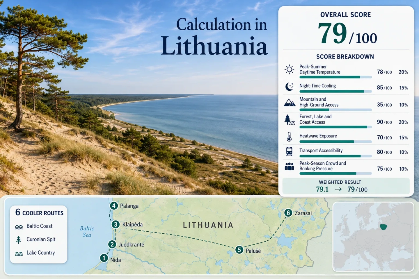 Lithuania in mild summer showcases Curonian Dunes, Baltic air, and scenic lake country for a relaxing outdoor experience.