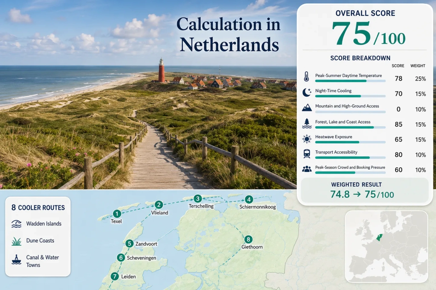 A scenic view of the Netherlands' breezy summer escapes featuring Wadden Islands, dune coasts, and charming canal towns.