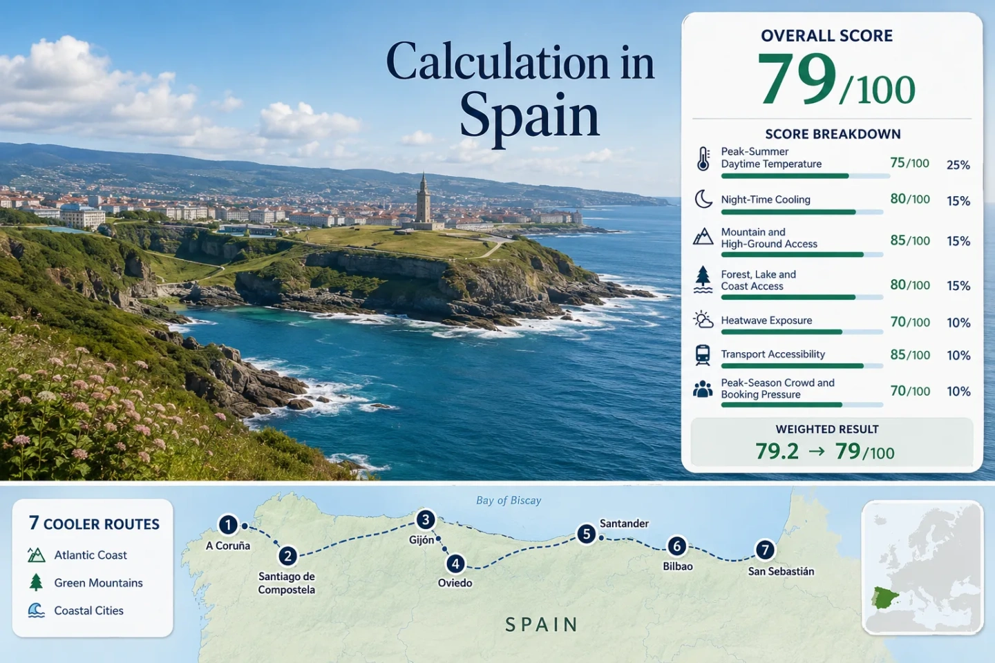 Spain away from the heat showcases lush northern coasts, green mountains, and Atlantic cities with cooler, refreshing scenery.