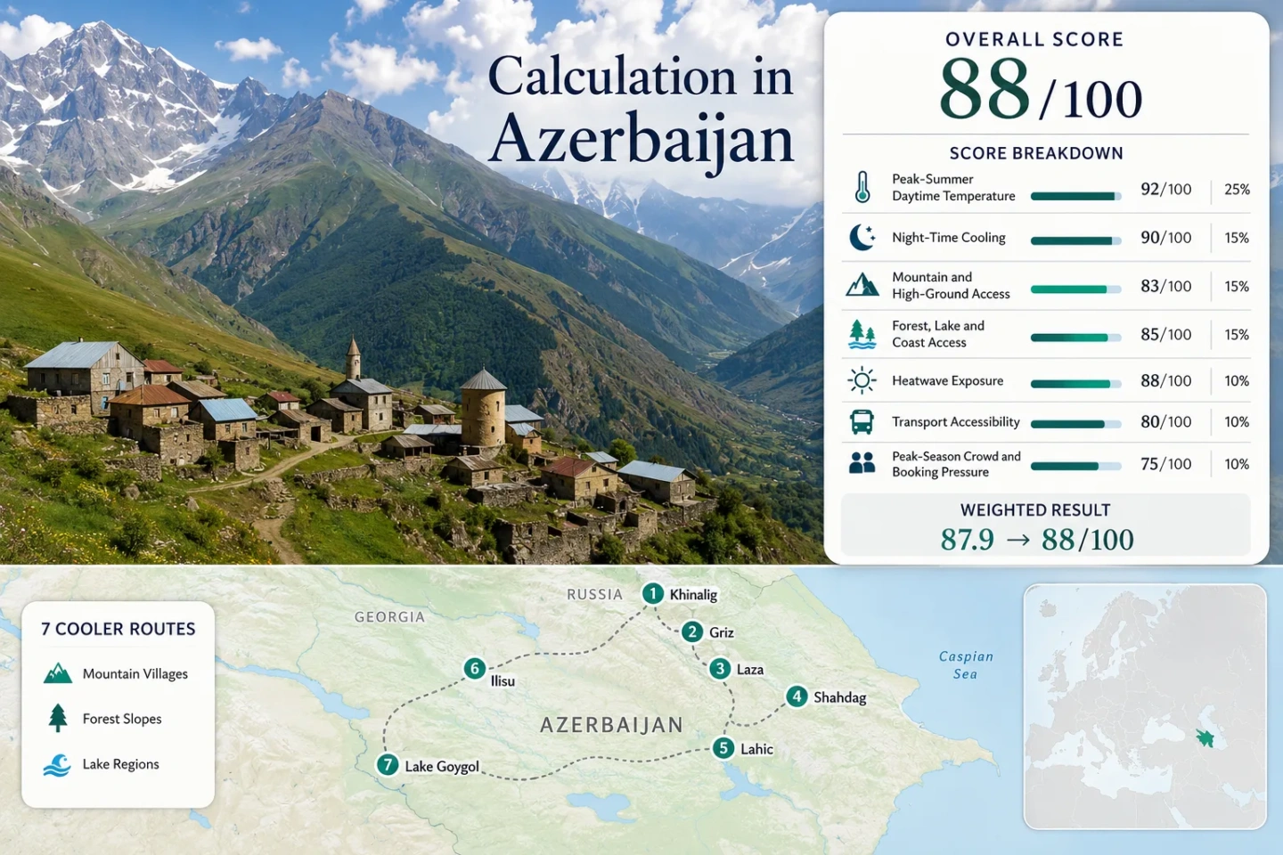 Azerbaijan cooler routes showcase scenic mountain roads, forest slopes, and charming Caucasus villages perfect for a cool getaway.