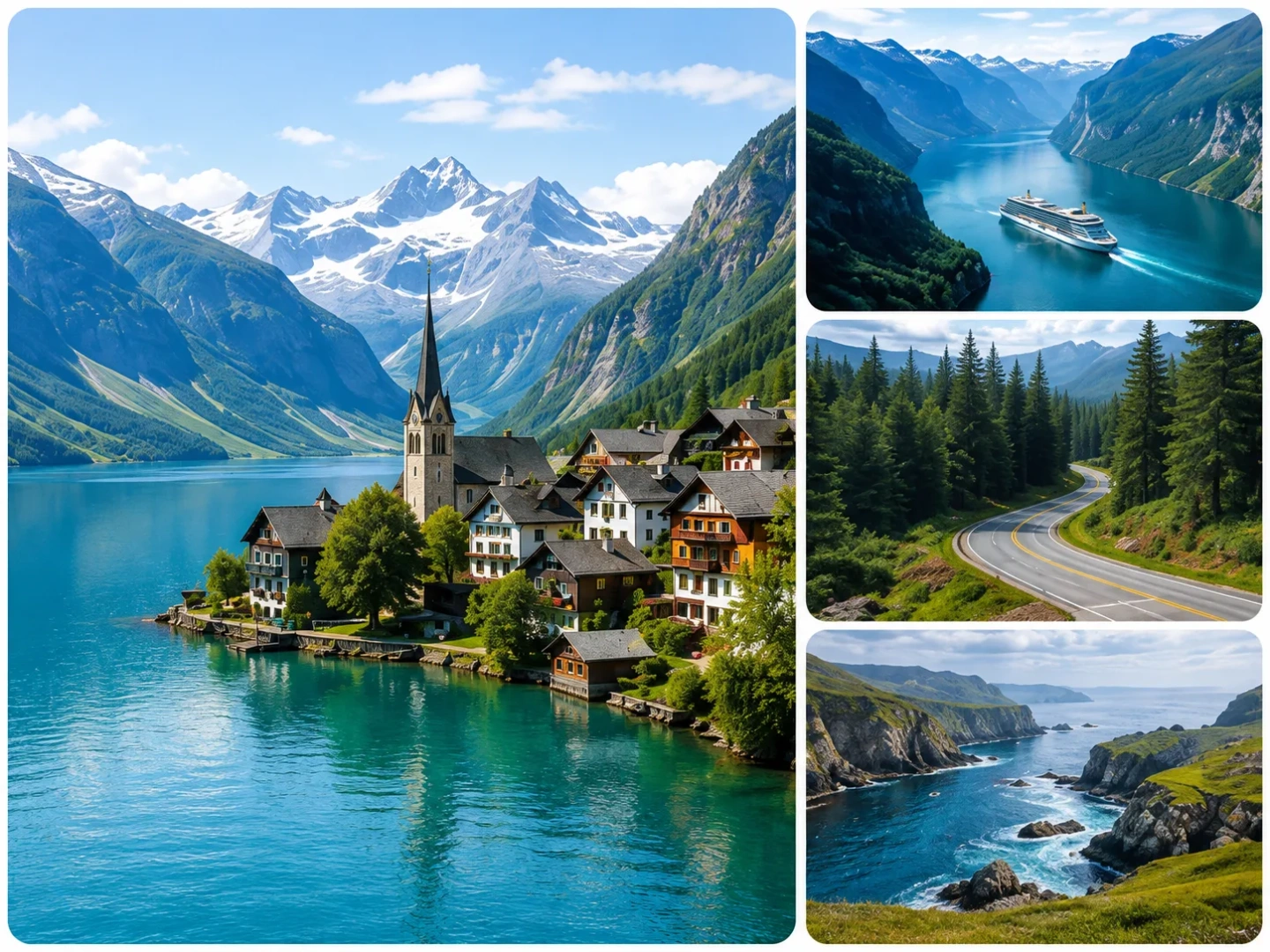 Cooler Summer Escapes: Alpine Lakes, Fjords and Mountain Roads Scenic cooler summer travel collage with an alpine lakeside village, a fjord cruise, a forest mountain road and a rugged Atlantic coastline.