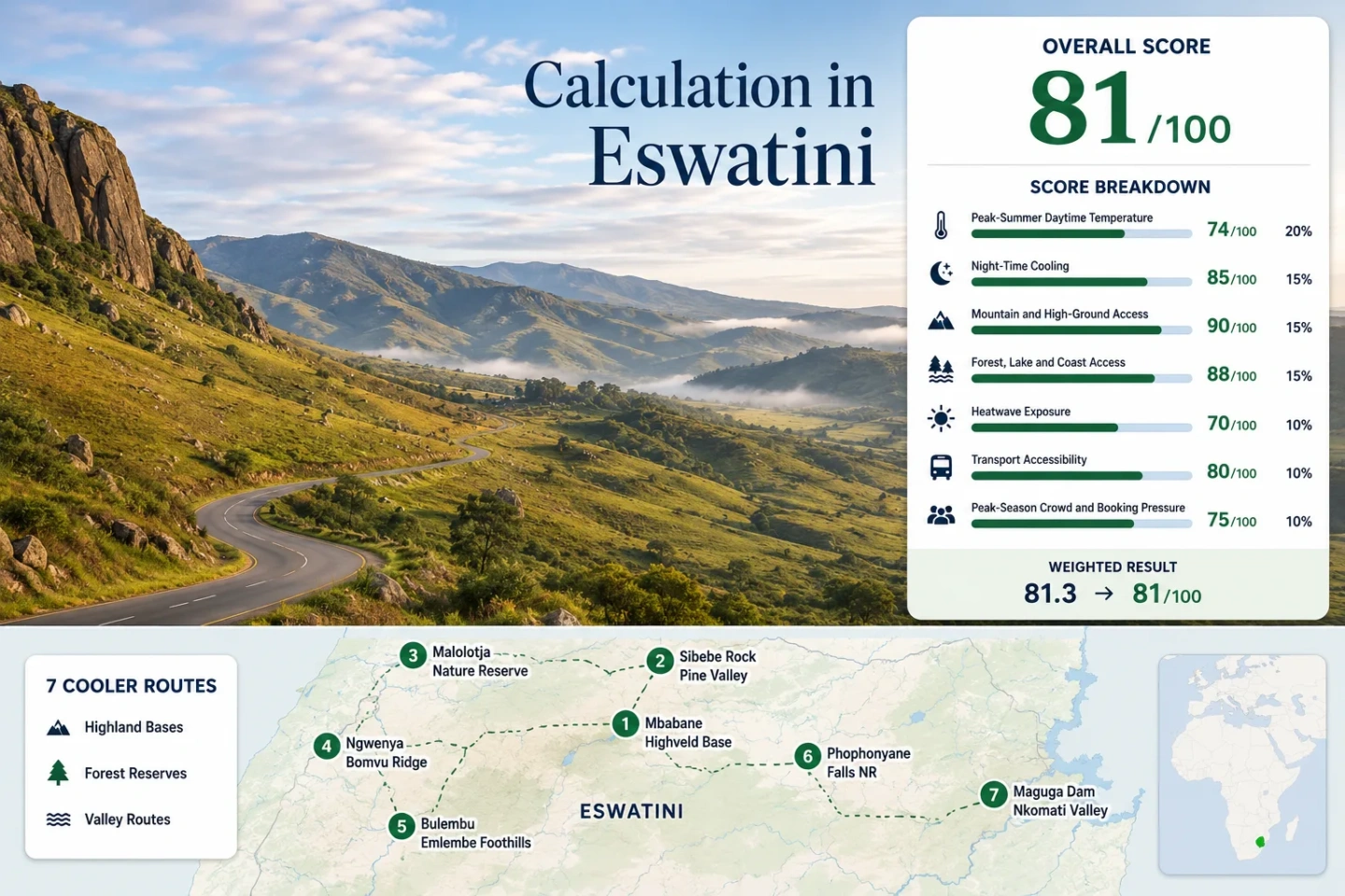 Eswatini highland escapes showcased with mountain roads, lush forests, and cool valley mornings in a scenic landscape.