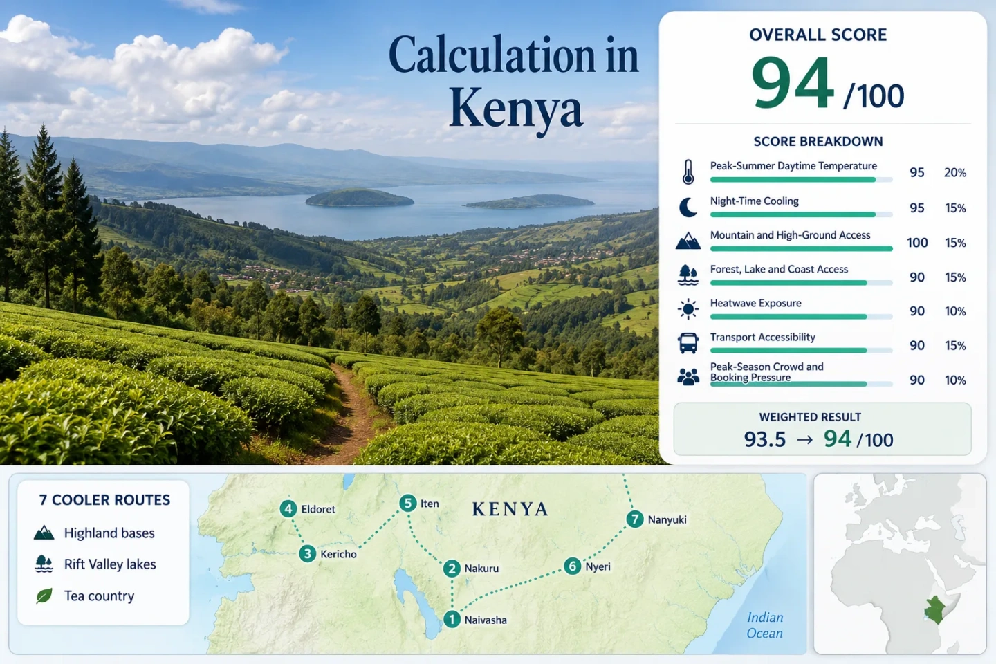Kenya Highland cooldowns showcase scenic Rift Valley lakes, lush tea plantations, and mountain air in the Kenya Highland cooldowns region.