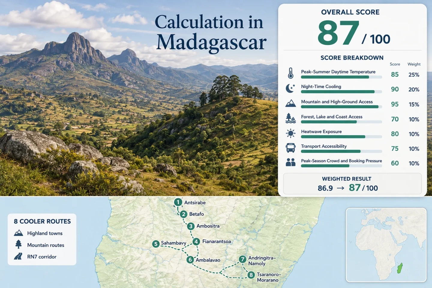 Madagascar highland routes showcasing Antsirabe, granite massifs, and cool central towns in a scenic landscape