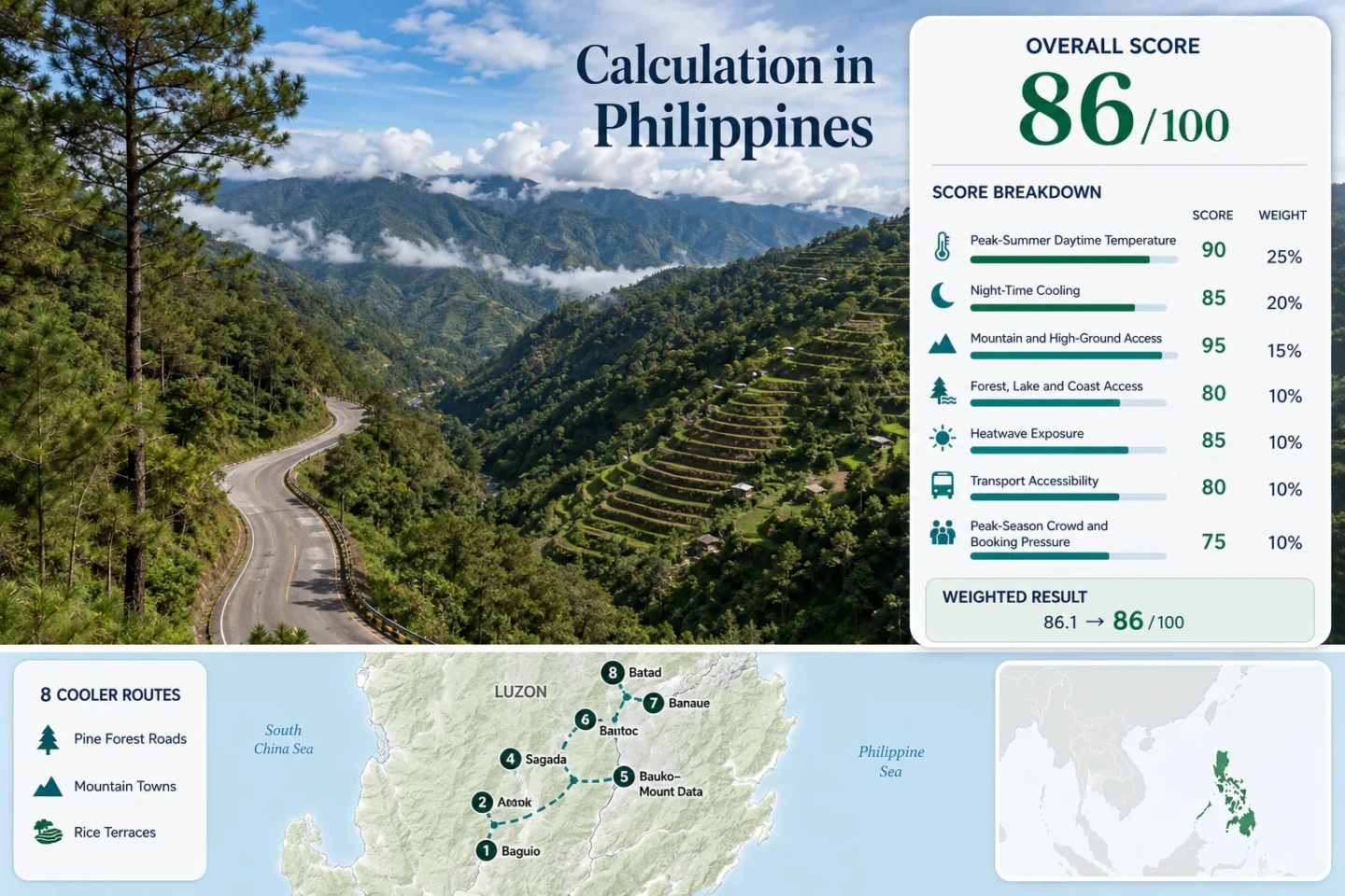 A scenic view of Philippines highland escapes showing mountain terraces, pine roads, and lush green hills in the Cordillera towns.