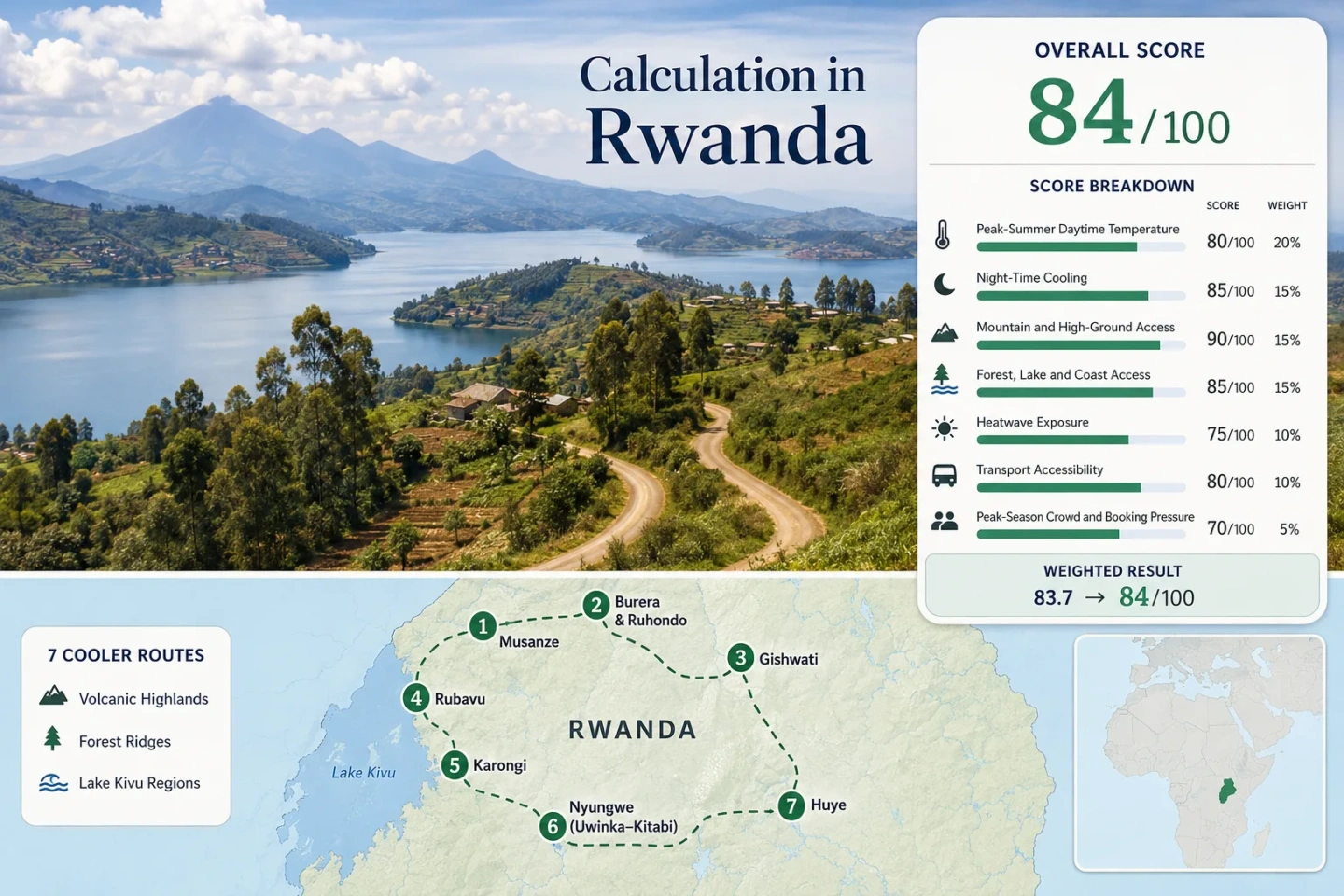 Rwanda for mild highland travel showcases volcano lakes, forest roads, and hill-country scenery perfect for exploring nature's beauty.