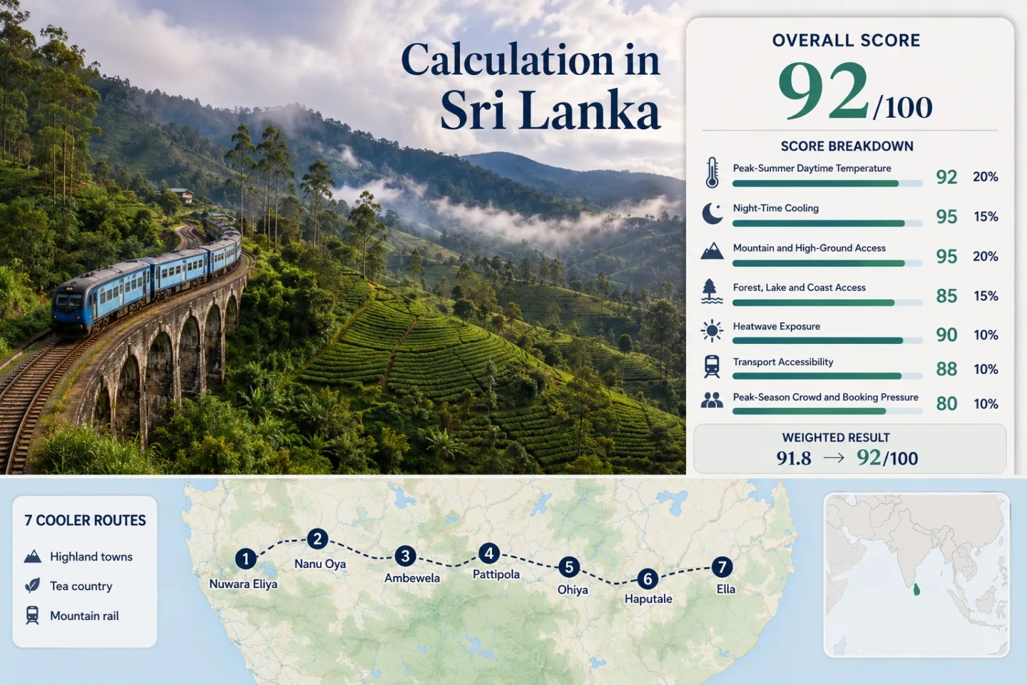 Sri Lanka highland escapes featuring lush tea plantations, misty mountain towns, and scenic train rides through the mountains.