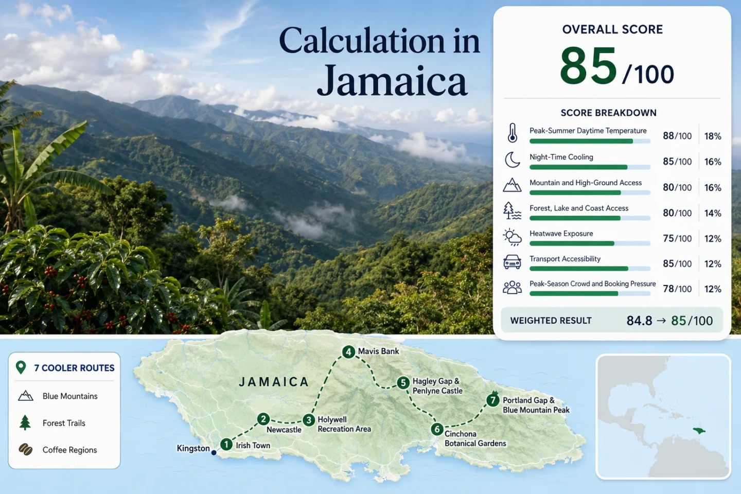 Jamaica beyond the beach heat shows lush Blue Mountains, coffee roads, and peaceful highland mornings in the island's scenic landscape.