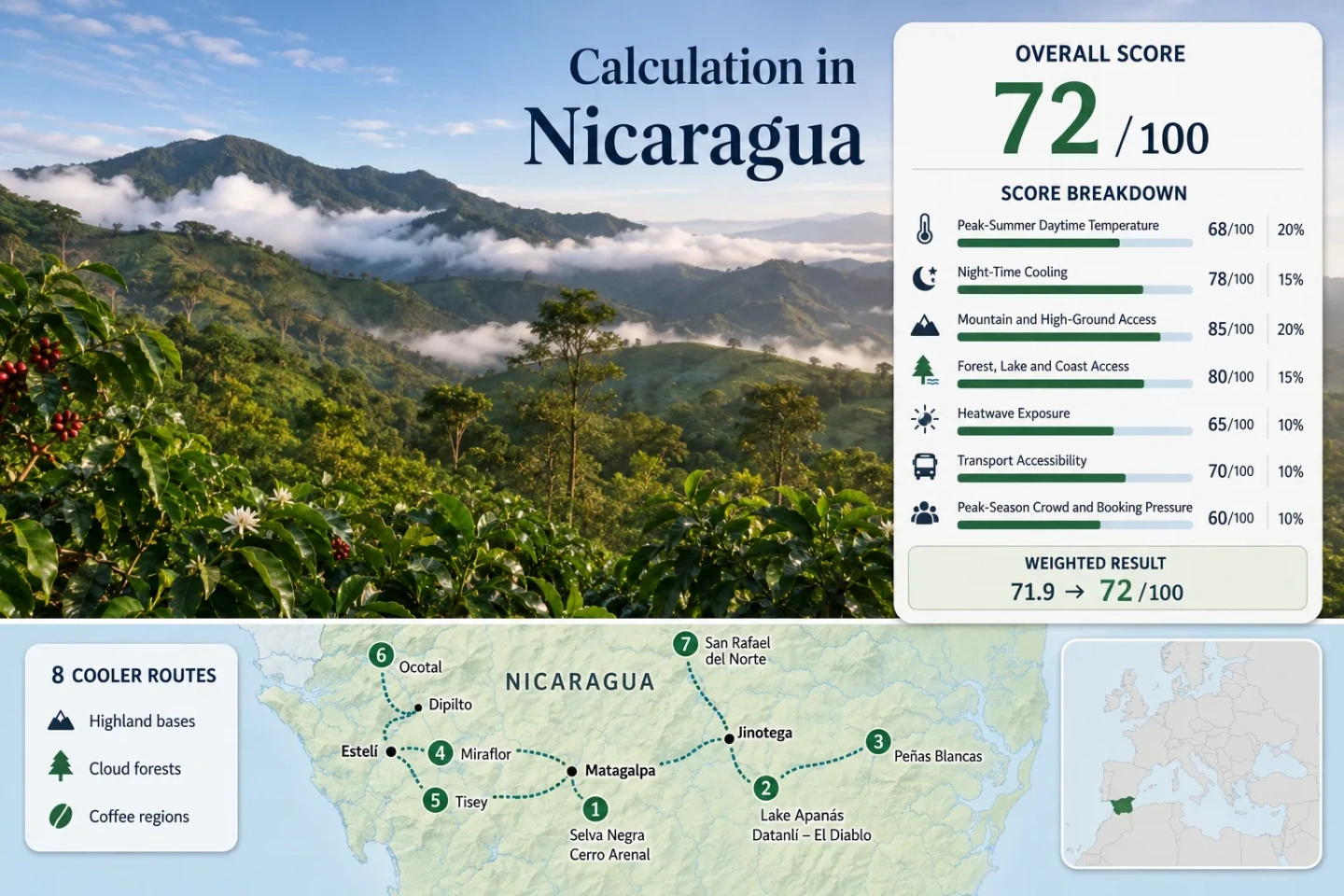 Nicaragua cooler routes through the Northern Highlands, Coffee Country, and Cloud Forests offer scenic mountain and rainforest landscapes.