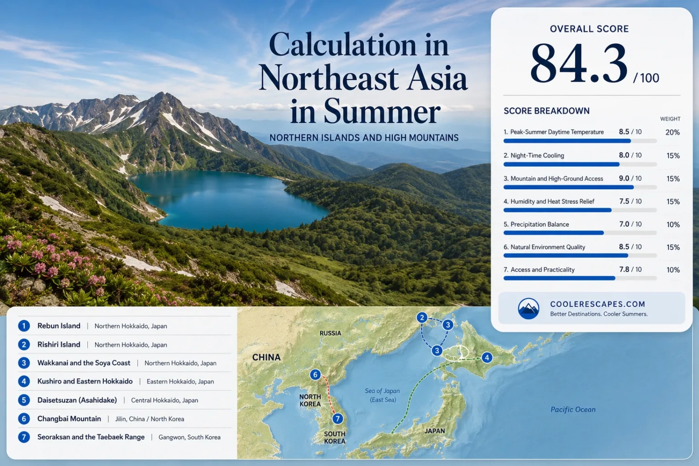 Northeast Asia summer scene with northern islands and high mountains showing cooler temperatures in summer.