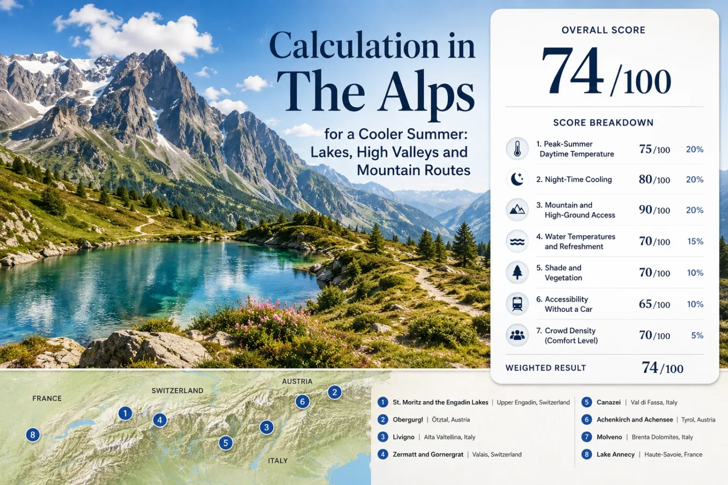 The Alps for a Cooler Summer: Lakes, high valleys, and mountain routes perfect for enjoying the cooler mountain environment.